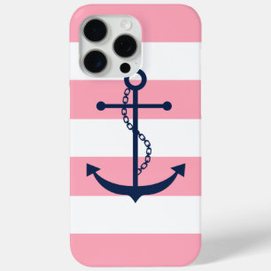 Blue Anchor on Pink Stripes iPhone 15 Pro Max Case