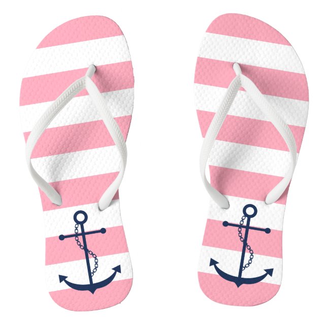 Blue Anchor on Pink Stripes Flip Flops (Footbed)