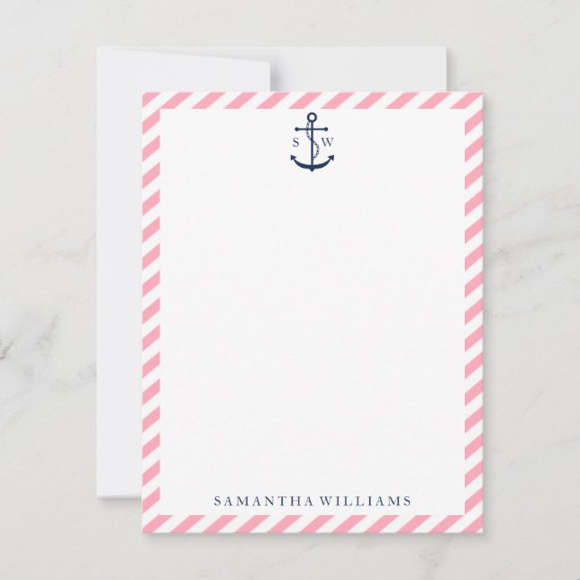 Blue Anchor on Pink Stripes Monogrammed Note Cards (Front)