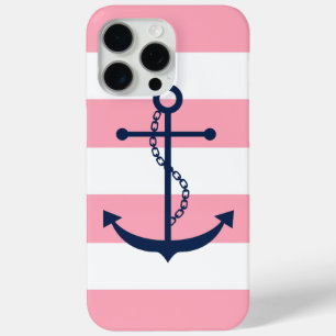 Blue Anchor on Pink Stripes Pattern iPhone 15 Pro Max Case