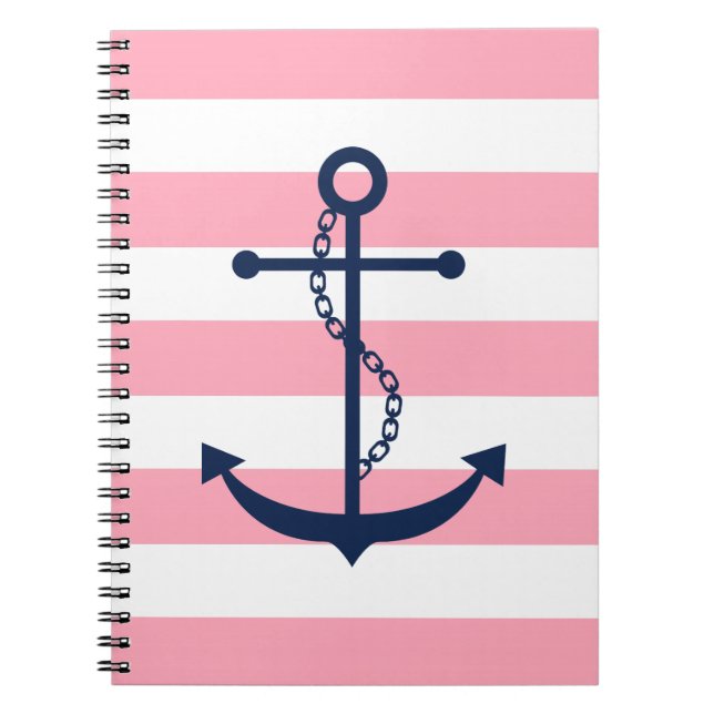 Blue Anchor on Pink Stripes Pattern Notebook (Front)
