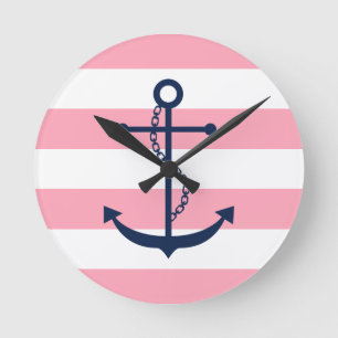 Blue Anchor on Pink Stripes Round Clock