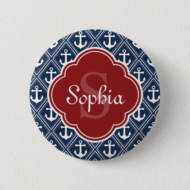 Blue Anchor Pattern Red Monogram 2 Inch Round Button (Front)
