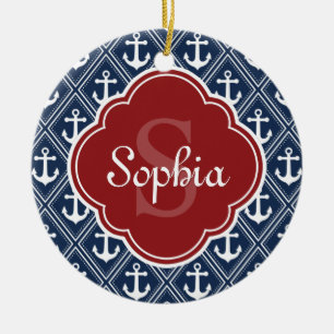 Blue Anchor Pattern Red Monogram Ceramic Ornament