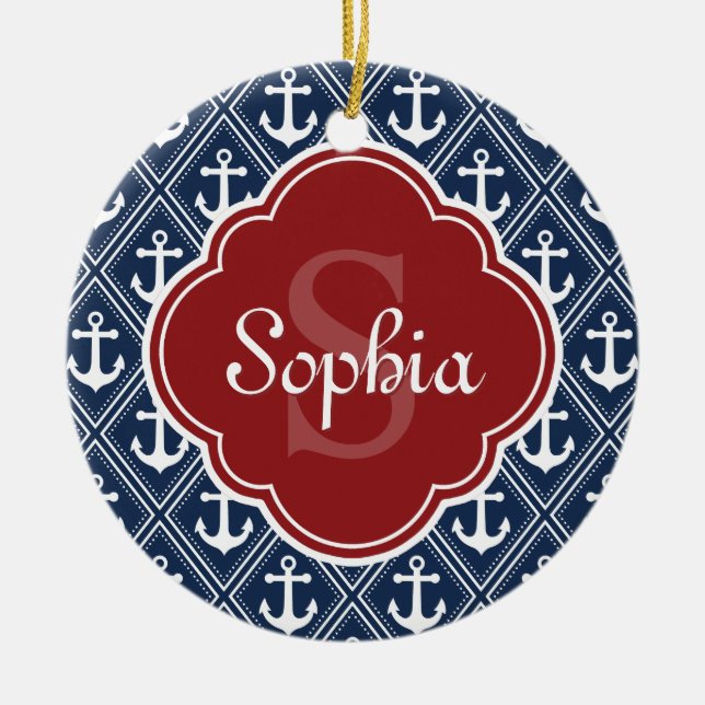 Blue Anchor Pattern Red Monogram Ceramic Ornament (Front)
