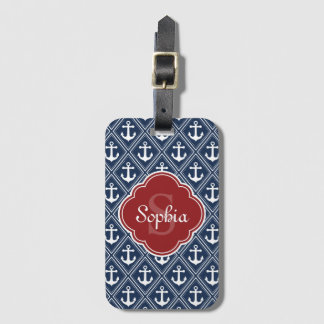 Blue Anchor Pattern Red Monogram Luggage Tag