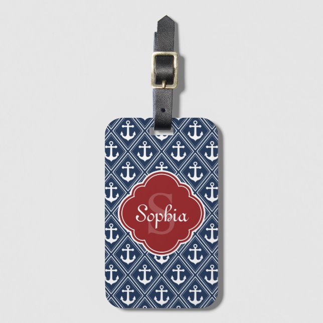 Blue Anchor Pattern Red Monogram Luggage Tag (Front Vertical)