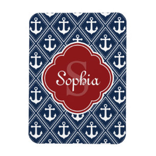Blue Anchor Pattern Red Monogram Magnet