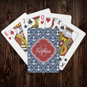 Blue Anchor Pattern Red Monogram Playing Cards