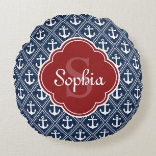 Blue Anchor Pattern Red Monogram Round Pillow