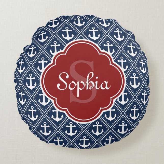 Blue Anchor Pattern Red Monogram Round Pillow (Front)