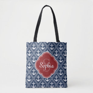 Blue Anchor Pattern Red Monogram Tote Bag