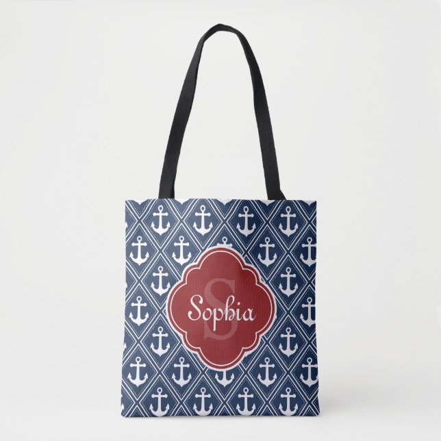 Blue Anchor Pattern Red Monogram Tote Bag (Front)