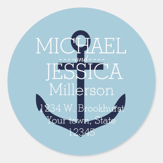 Blue Anchor Personalized address Classic Round Sticker (Front)