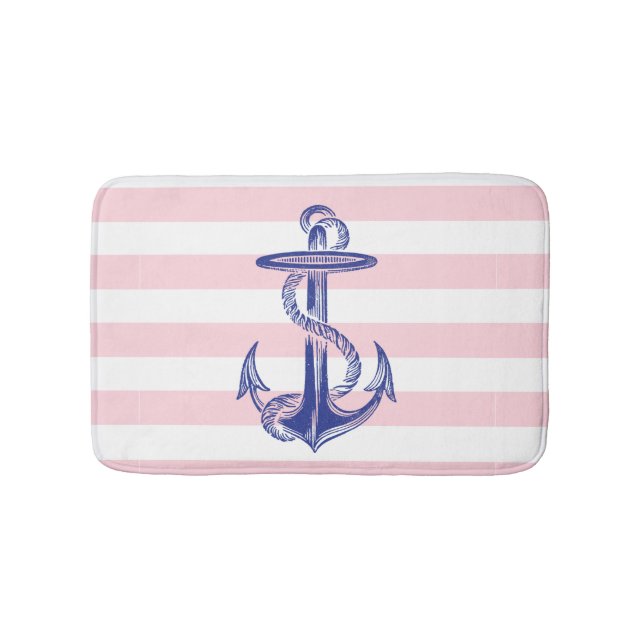 Blue Anchor Pink White Stripes Bath Rug (Front)