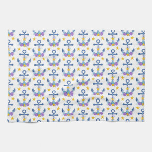 Blue Anchor Purple Seashells Yellow Starfish Kitchen Towel