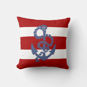 Blue Anchor Red And White Striped Background Throw Pillow