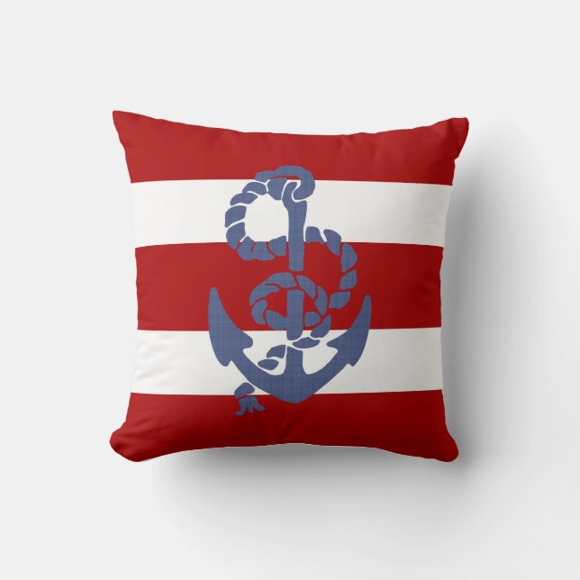 Blue Anchor Red And White Striped Background Throw Pillow (Front)