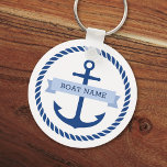 Blue anchor rope border boat name keys white Keychain<br><div class="desc">Keychain for your boat keys featuring a dark blue nautical anchor surrounded by a rope border on a white background. Across the anchor is a light blue ribbon with a template field for your boat's name. Dark blue back.</div>