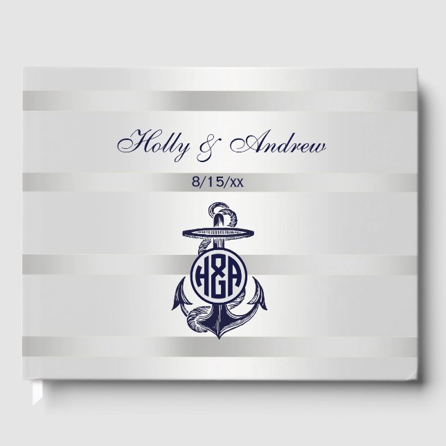 Blue Anchor Silver White Navy Circle Monogram 33 Guest Book (Front)