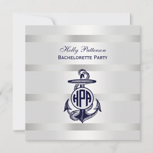 Blue Anchor Silver White Navy Circle Monogram 33 Invitation (Front)