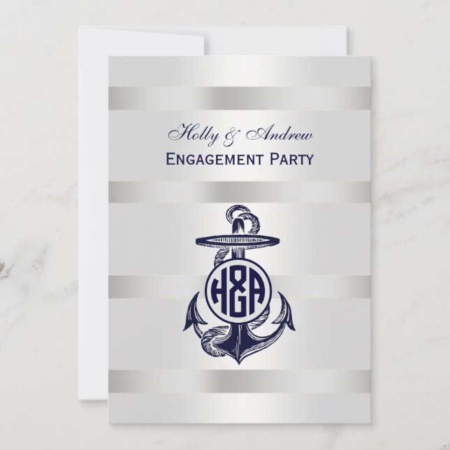 Blue Anchor Silver White Navy Circle Monogram 33 Invitation (Front)