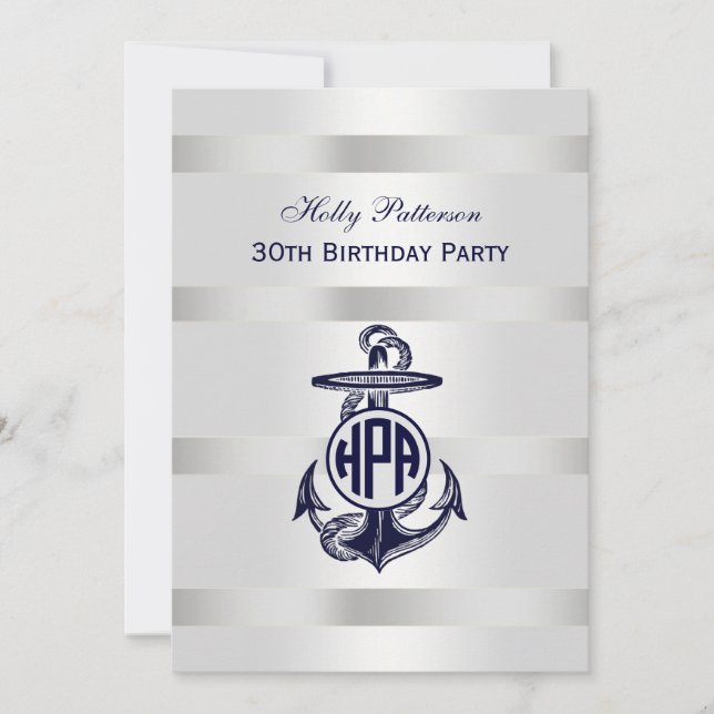 Blue Anchor Silver White Navy Circle Monogram 33 Invitation (Front)