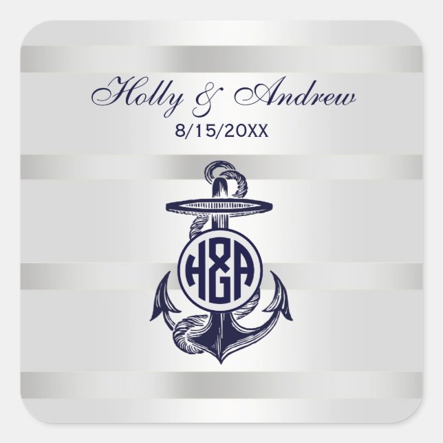 Blue Anchor Silver White Navy Circle Monogram 33 Square Sticker (Front)