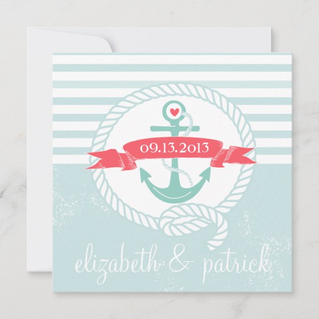 Blue Anchor Stripes Nautical Wedding Invitation (Front)