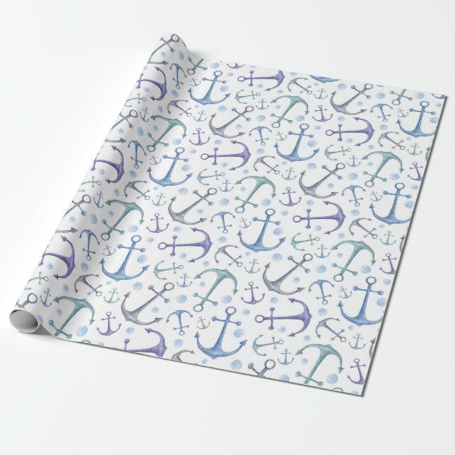 Blue anchor watercolor. Nautical pattern. Modern Wrapping Paper (Unrolled)