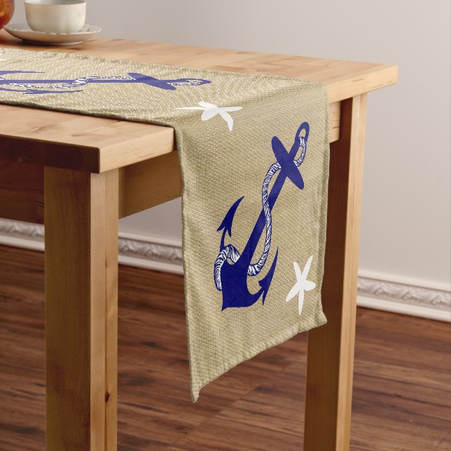 Blue Anchor & White Starfish Nautical "Burlap" Short Table Runner (In Situ)