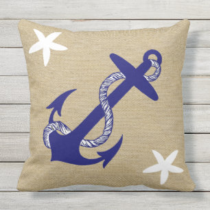 Blue Anchor & White Starfish Nautical "Burlap" Throw Pillow