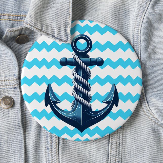 Blue anchor with blue waves 6 inch round button (In Situ)