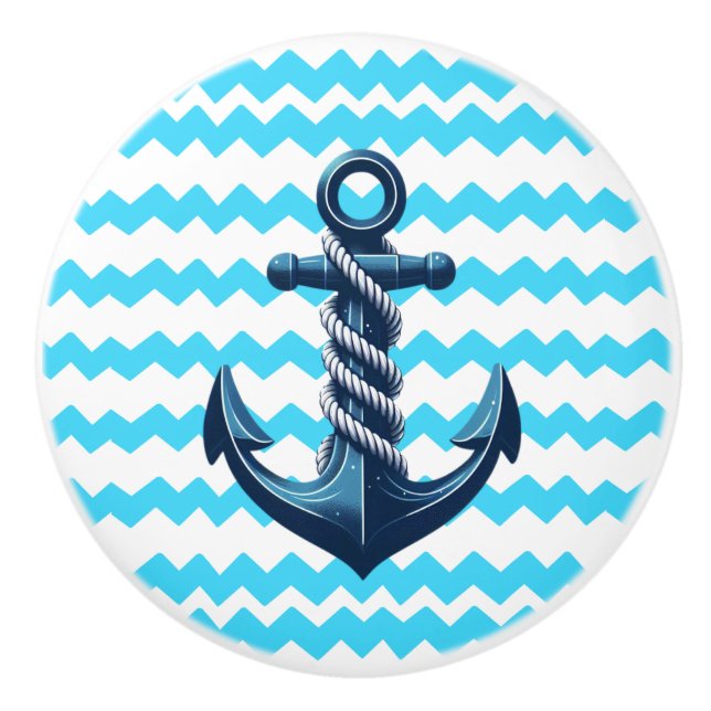 Blue anchor with blue waves ceramic knob (Front)