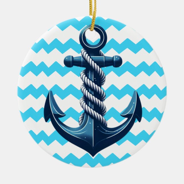 Blue anchor with blue waves ceramic ornament (Front)