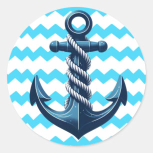 Blue anchor with blue waves classic round sticker