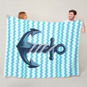 Blue anchor with blue waves fleece blanket