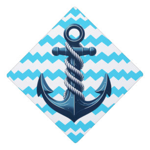 Blue anchor with blue waves graduation cap topper