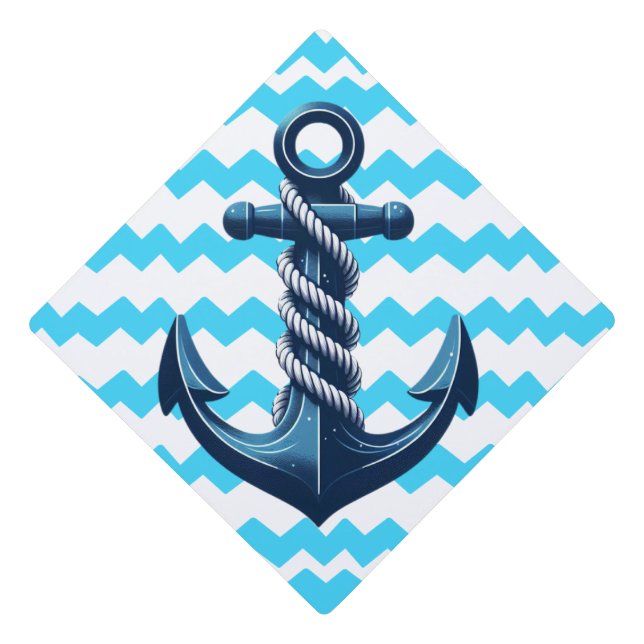 Blue anchor with blue waves graduation cap topper (Front)