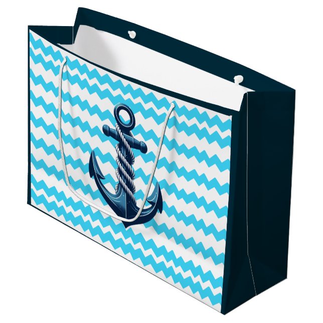 Blue anchor with blue waves large gift bag (Front Angled)