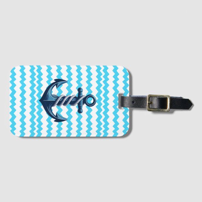 Blue anchor with blue waves luggage tag (Front Horizontal)