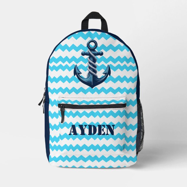 Blue anchor with blue waves printed backpack (Front)