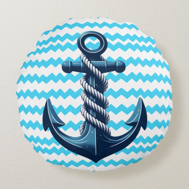 Blue anchor with blue waves round pillow (Front)