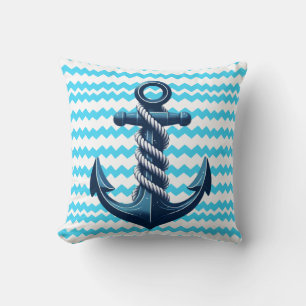 Blue anchor with blue waves throw pillow