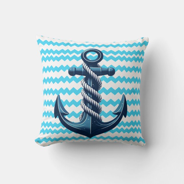Blue anchor with blue waves throw pillow (Front)