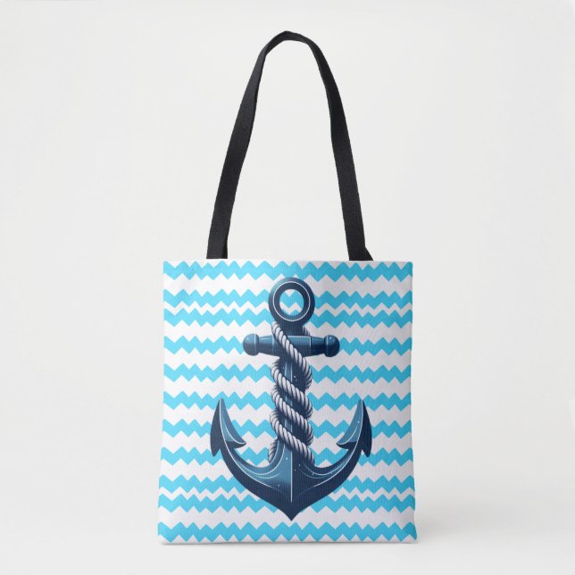 Blue anchor with blue waves tote bag (Front)
