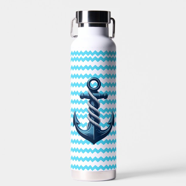 Blue anchor with blue waves water bottle (Front)