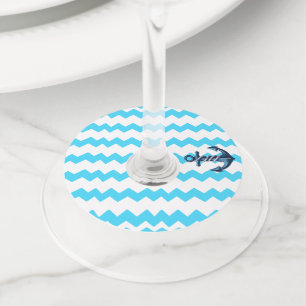 Blue anchor with blue waves wine glass tag