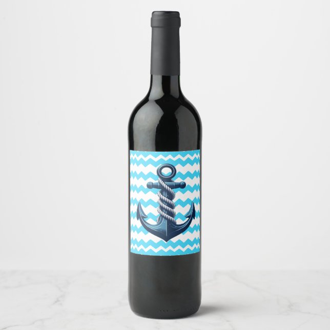 Blue anchor with blue waves wine label (Front)