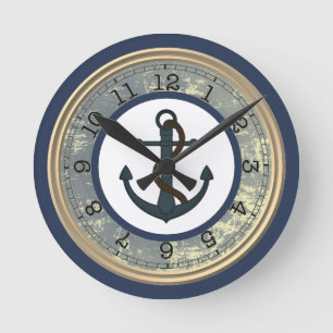 Blue Anchor with Rope Nautical Wall Clock